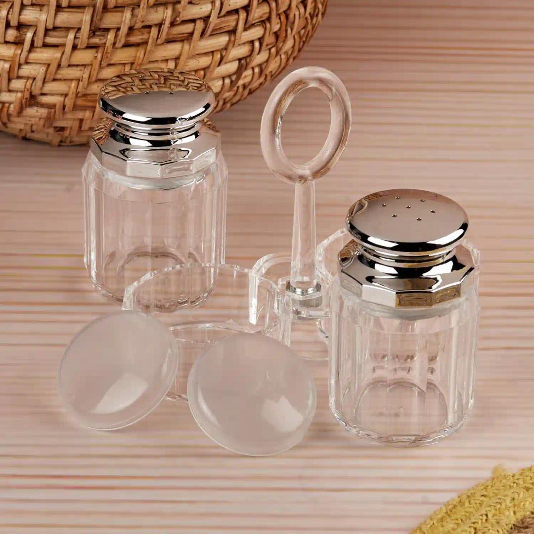 Kookee Acrylic Salt and Pepper Shakers Set with tray for Dining Table used as Namak Dhani, Shaker, Sprinkler, Spices Dispenser for Home, Kitchen and Restaurant, Transparent Silver (10707)