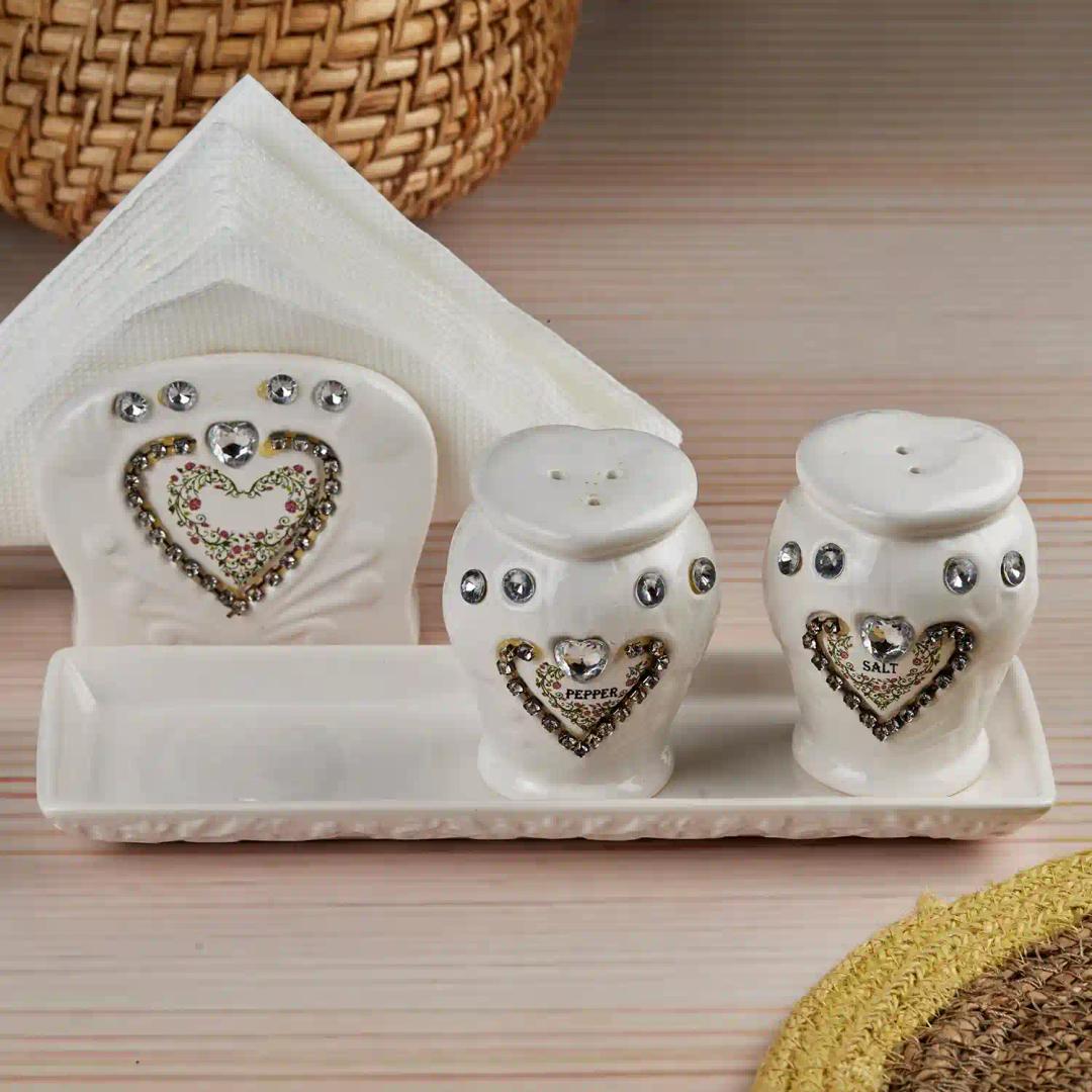 Kookee Ceramic Salt and Pepper Shakers Set with tray for Dining Table used as Namak Dhani, Shaker, Sprinkler, Spices Dispenser for Home, Kitchen and Restaurant, White (10710)