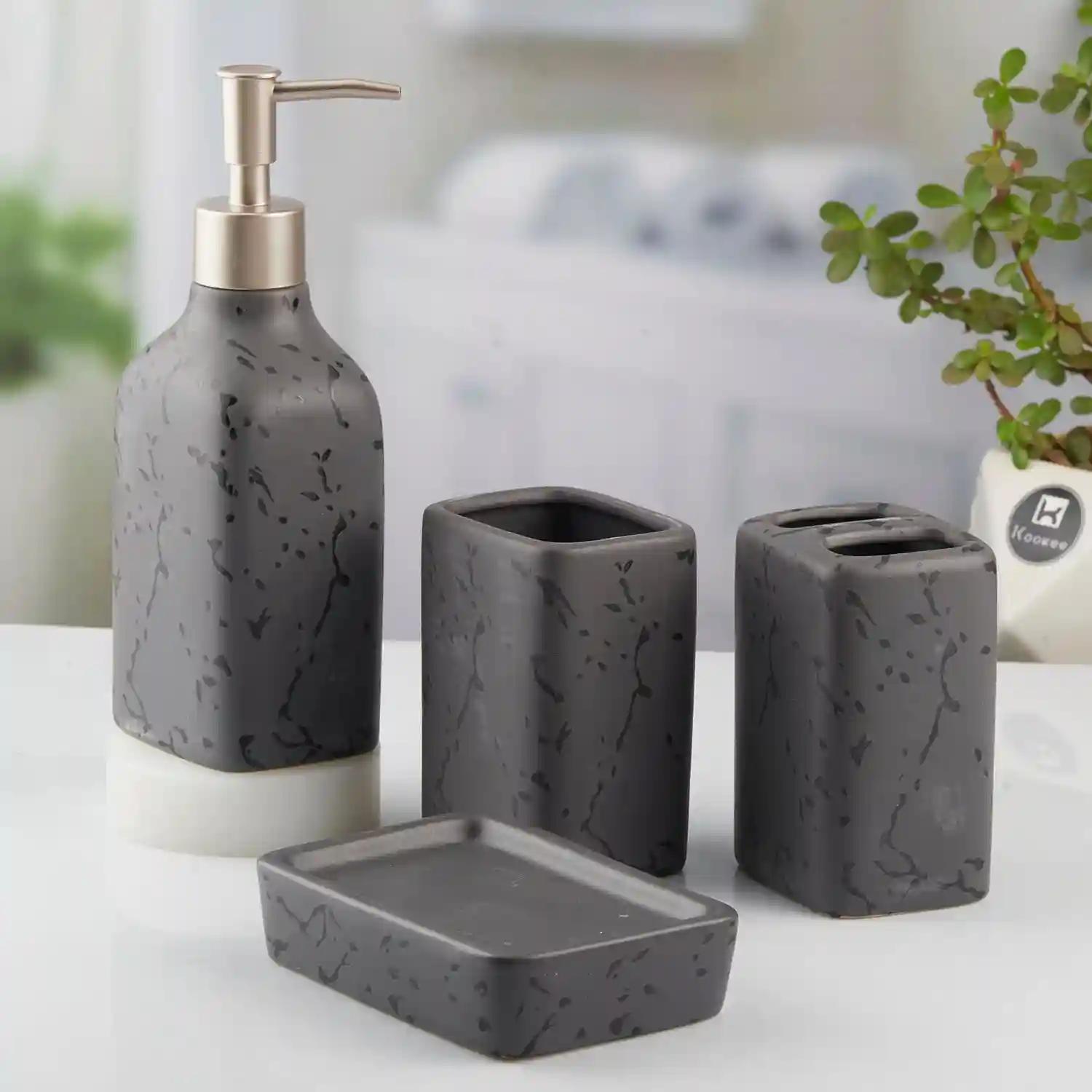 Kookee Ceramic Bathroom Accessories Set of 4, Modern Bath Set with Liquid hand wash Soap Dispenser and Toothbrush holder, Luxury Gift Accessory for Home, Grey (10446)