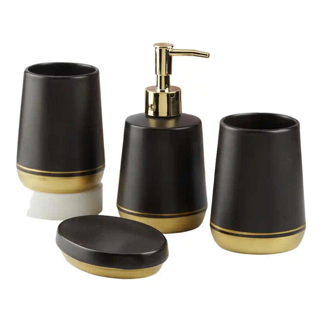 Kookee Ceramic Bathroom Accessories Set of 4, Modern Bath Set with Liquid hand wash Soap Dispenser and Toothbrush holder, Luxury Gift Accessory for Home, Black (10447)