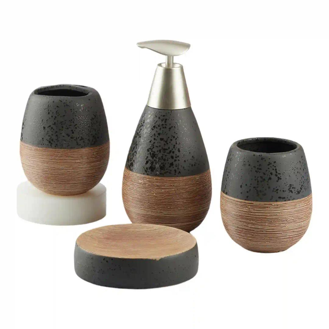 Kookee Ceramic Bathroom Accessories Set of 4, Modern Bath Set with Liquid hand wash Soap Dispenser and Toothbrush holder, Luxury Gift Accessory for Home, Black | Brown (8848)