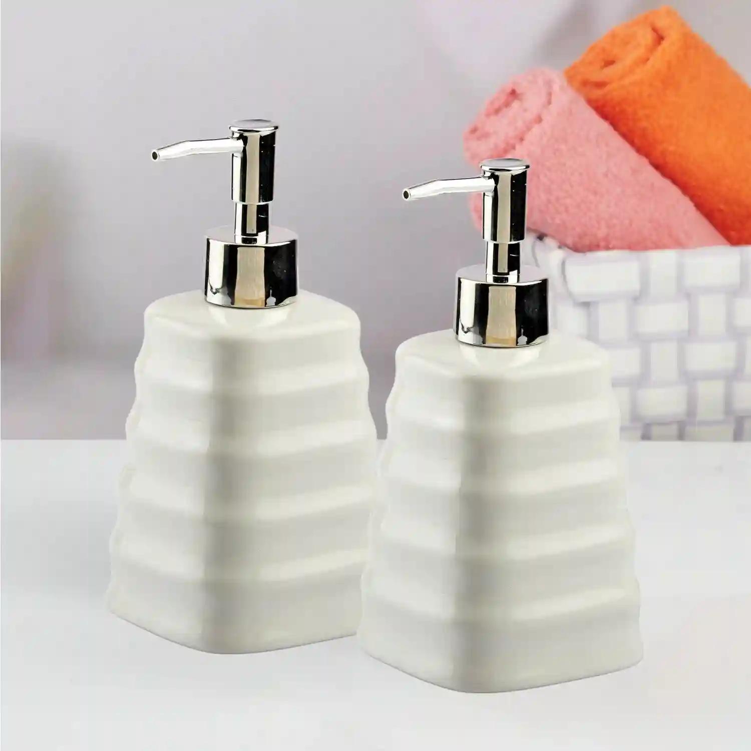 Kookee Ceramic Soap Dispenser for Bathroom hand wash, refillable pump bottle for Kitchen hand wash basin, Set of 2, White (10990)