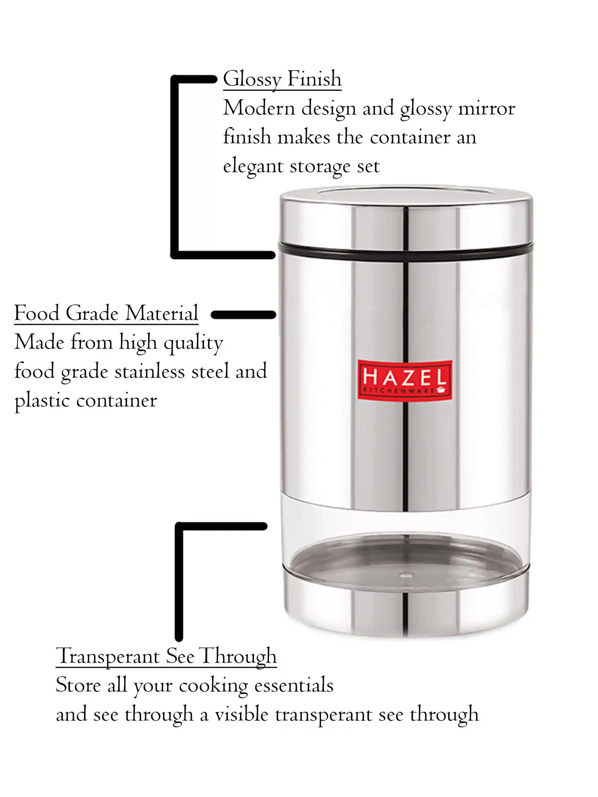 HAZEL Stainless Steel Container For Kitchen Storage Glossy Finish Transparent See Through Storage Jar Dabba, Set of 1, 1000 ML, Silver