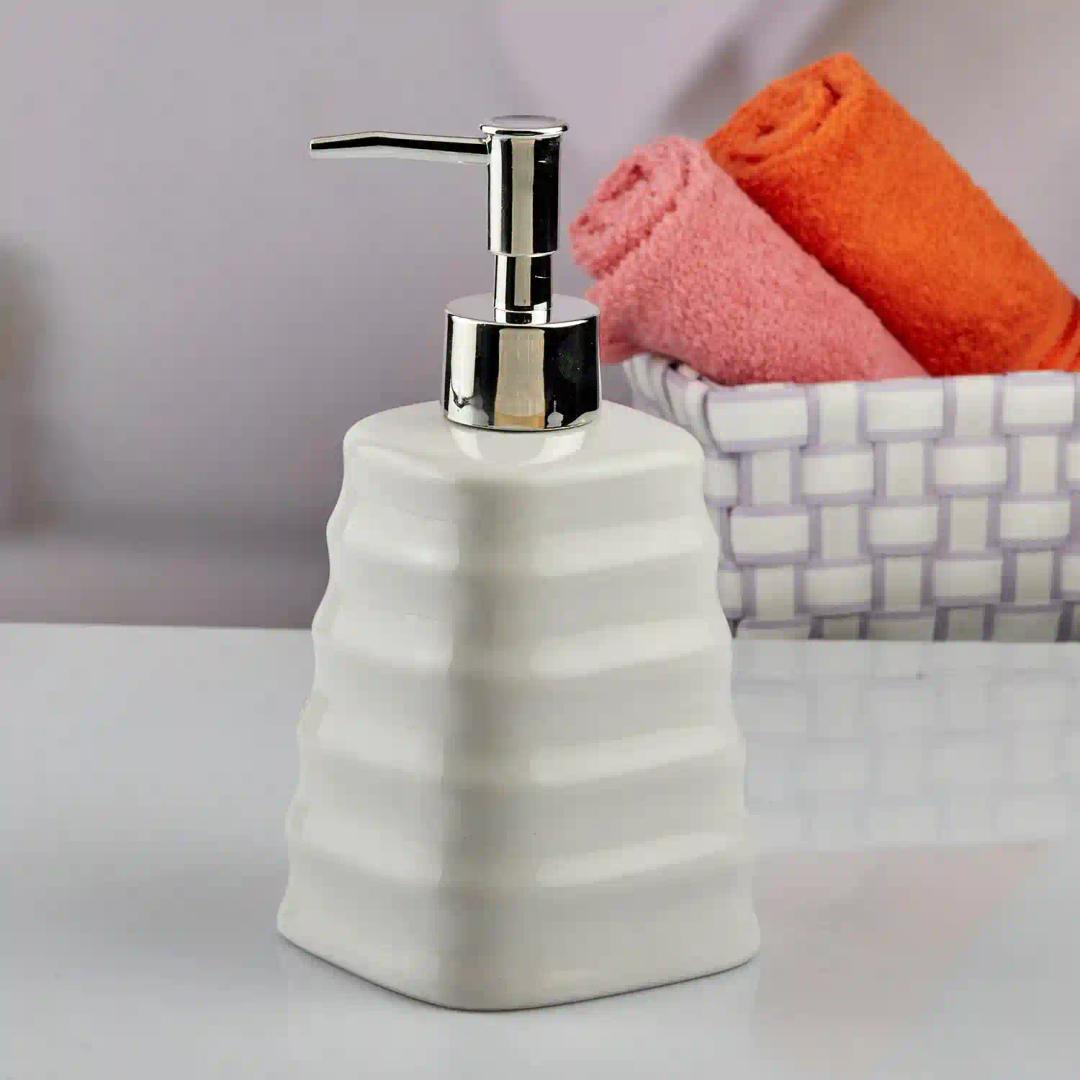 Kookee Ceramic Soap Dispenser for Bathroom hand wash, refillable pump bottle for Kitchen hand wash basin, Set of 1, White (10595)