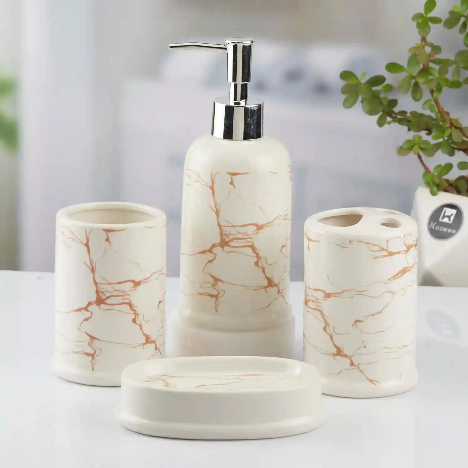 Kookee Ceramic Bathroom Accessories Set of 4, Modern Bath Set with Liquid hand wash Soap Dispenser and Toothbrush holder, Luxury Gift Accessory for Home, White/Gold (10392)