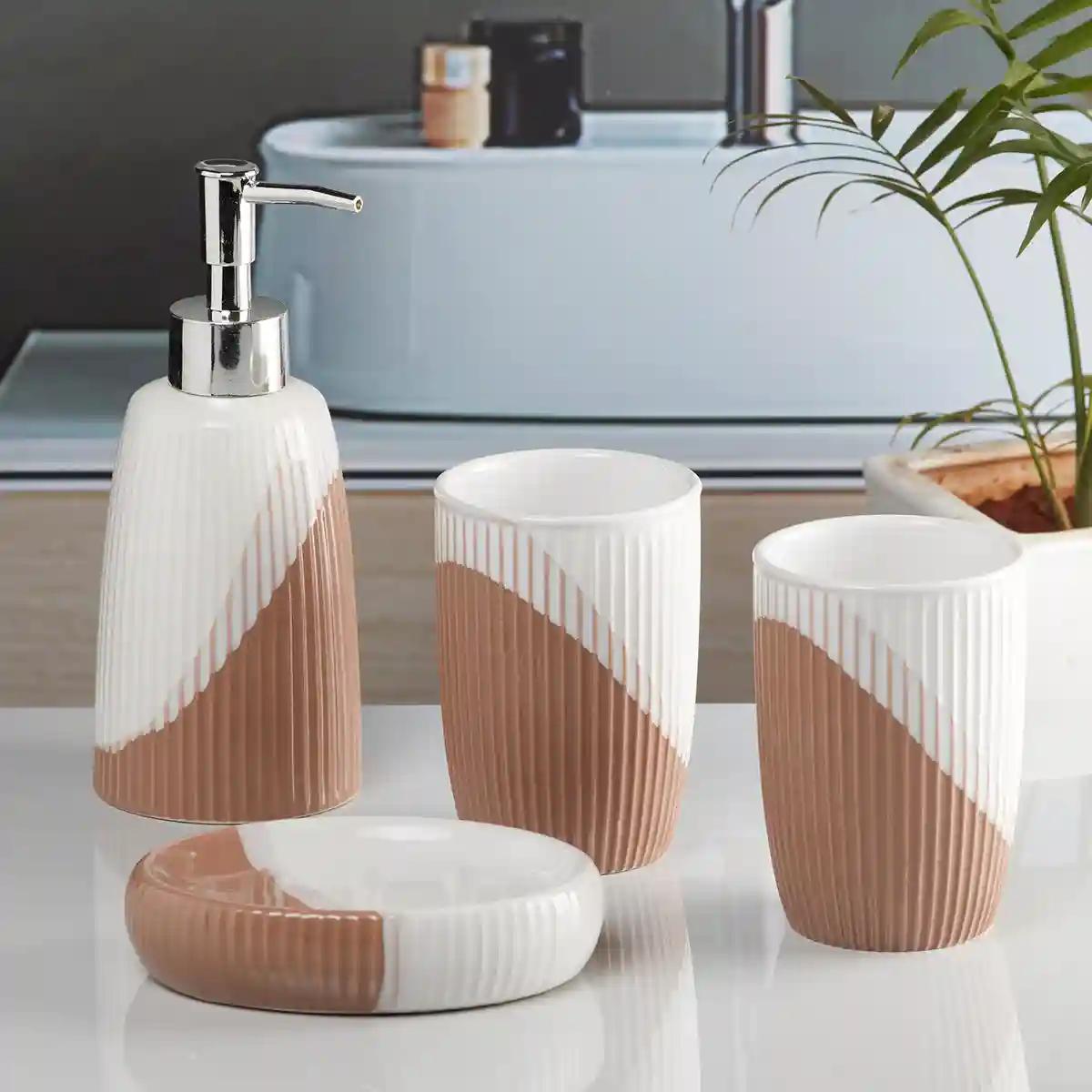 Kookee Ceramic Bathroom Accessories Set of 4, Modern Bath Set with Liquid handwash Soap Dispenser and Toothbrush holder, Luxury Gift Accessory for Home - Brown (10100)