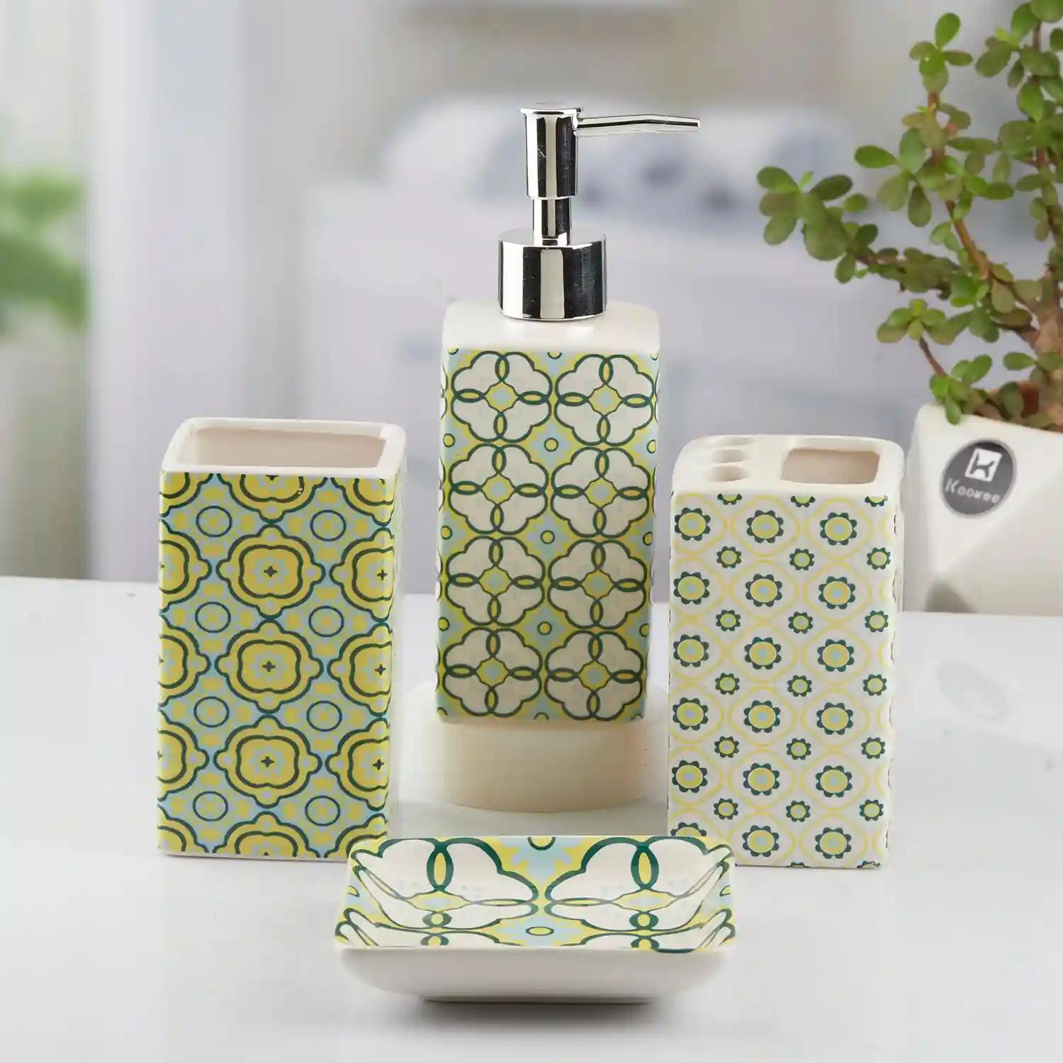 Kookee Ceramic Bathroom Accessories Set of 4, Modern Bath Set with Liquid hand wash Soap Dispenser and Toothbrush holder, Luxury Gift Accessory for Home, White/Green (10724)