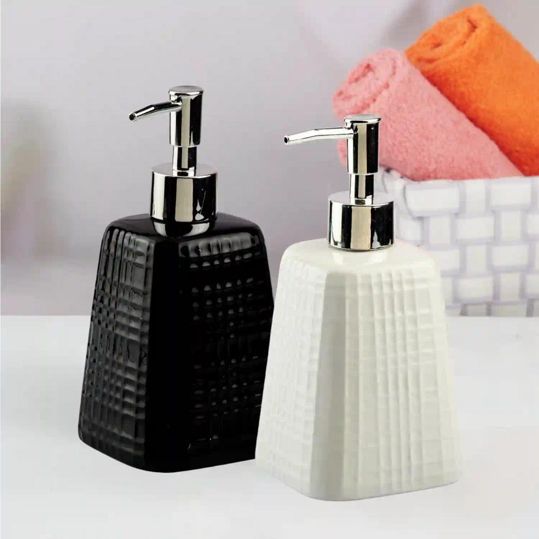 Kookee Ceramic Soap Dispenser for Bathroom hand wash, refillable pump bottle for Kitchen hand wash basin, Set of 2, Black/White (10552)