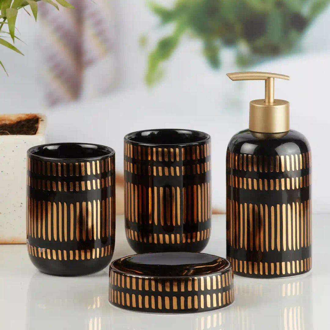 Kookee Ceramic Bathroom Accessories Set of 4, Modern Bath Set with Liquid handwash Soap Dispenser and Toothbrush holder, Luxury Gift Accessory for Home - Black (10071)