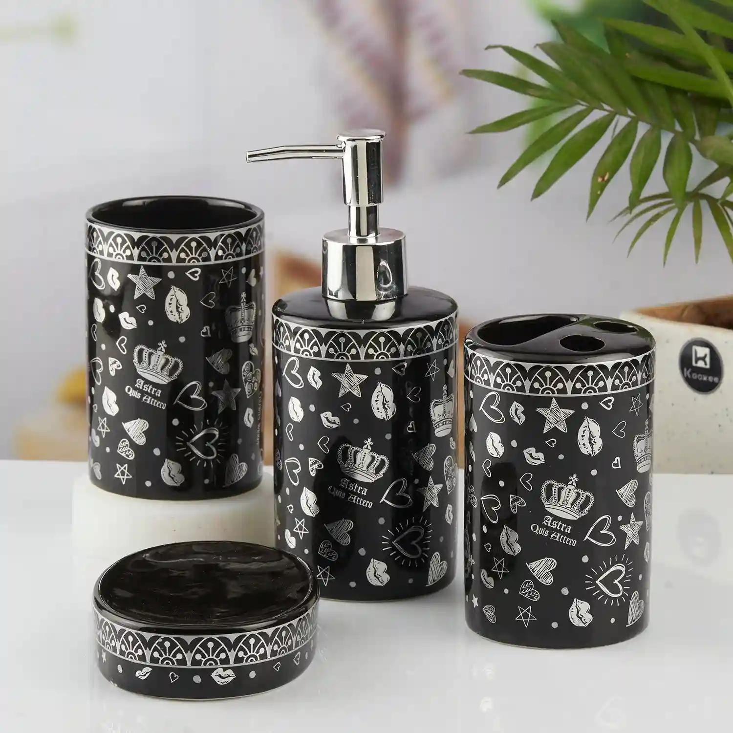 Kookee Ceramic Bathroom Accessories Set of 4, Modern Bath Set with Liquid hand wash Soap Dispenser and Toothbrush holder, Luxury Gift Accessory for Home, Black/Silver (10463)