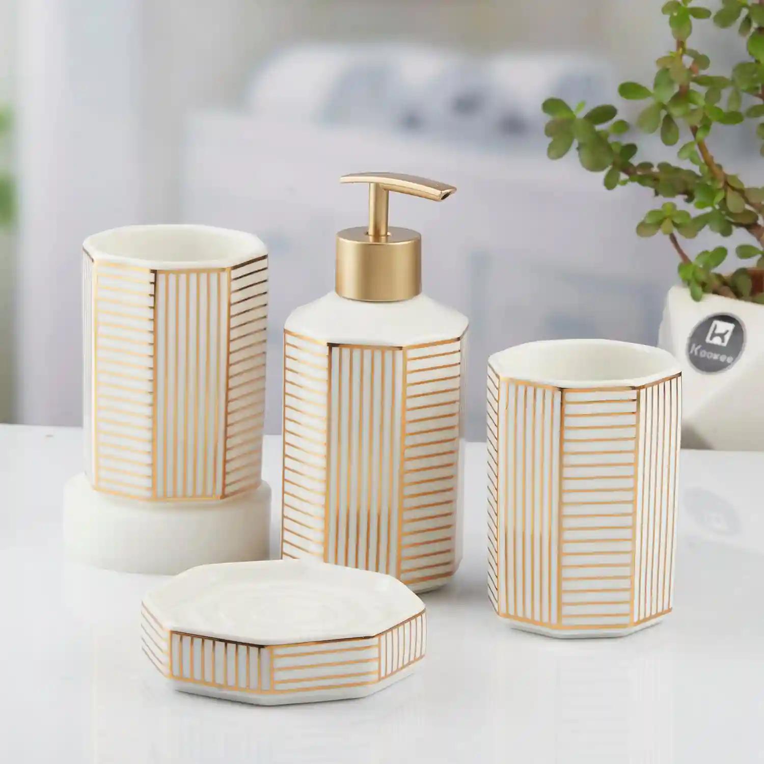 Kookee Ceramic Bathroom Accessories Set of 4, Modern Bath Set with Liquid hand wash Soap Dispenser and Toothbrush holder, Luxury Gift Accessory for Home, White/Gold (10388)