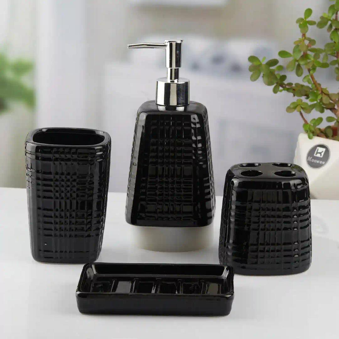 Kookee Ceramic Bathroom Accessories Set of 4, Modern Bath Set with Liquid hand wash Soap Dispenser and Toothbrush holder, Luxury Gift Accessory for Home, Black (10467)