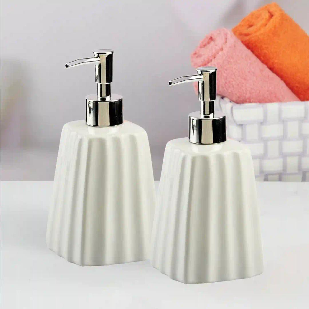 Kookee Ceramic Soap Dispenser for Bathroom hand wash, refillable pump bottle for Kitchen hand wash basin, Set of 2, White (10988)