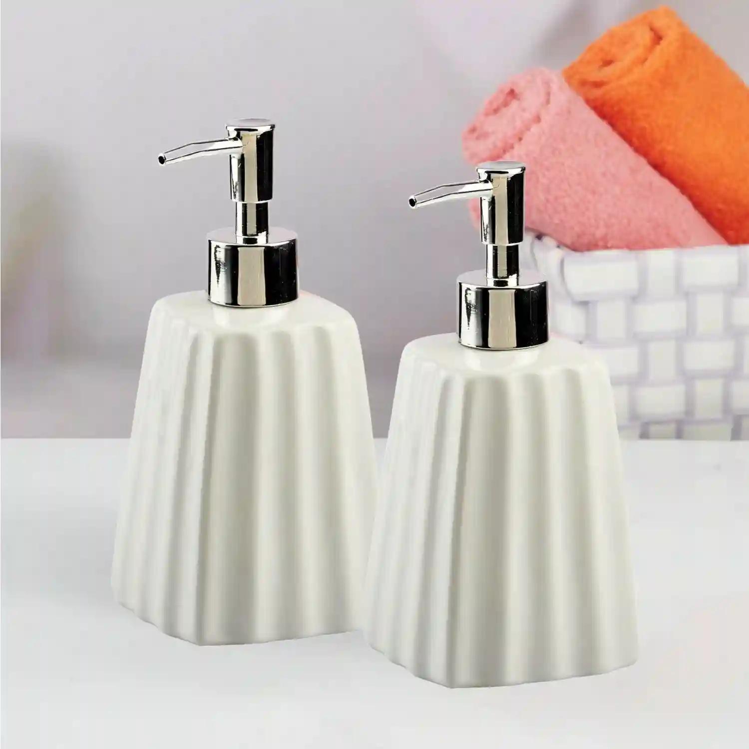 Kookee Ceramic Soap Dispenser for Bathroom hand wash, refillable pump bottle for Kitchen hand wash basin, Set of 2, White (10988)