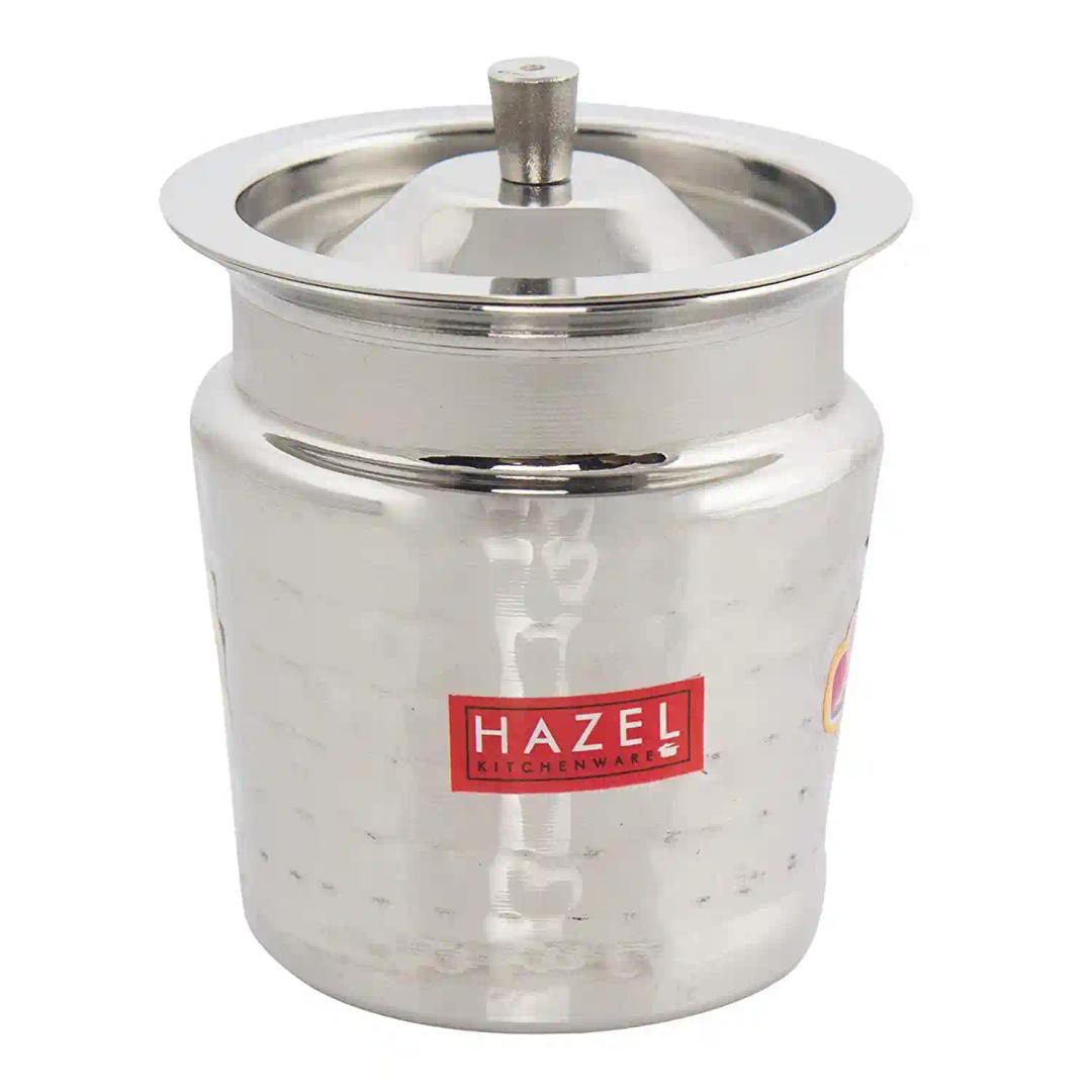 HAZEL Ghee Pot With Spoon | Stainless Steel Hammered Finish Ghee Container For Kitchen | Premium Oil Container With Lid For Pooja Items, 400 ML