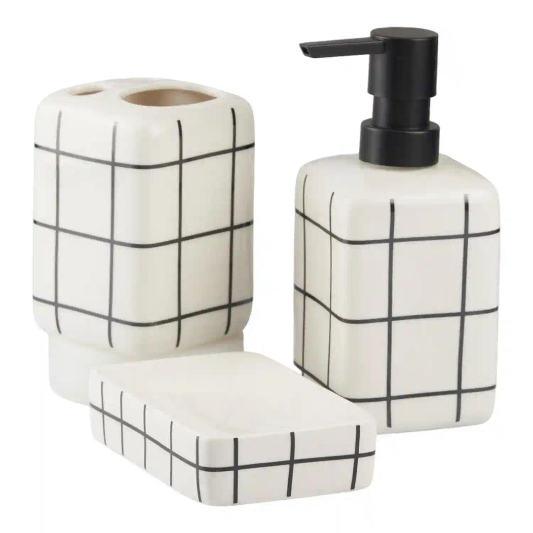 Kookee Ceramic Bathroom Accessories Set of 3, Modern Bath Set with Liquid hand wash Soap Dispenser and Toothbrush holder, Luxury Gift Accessory for Home, White/Black (10717)