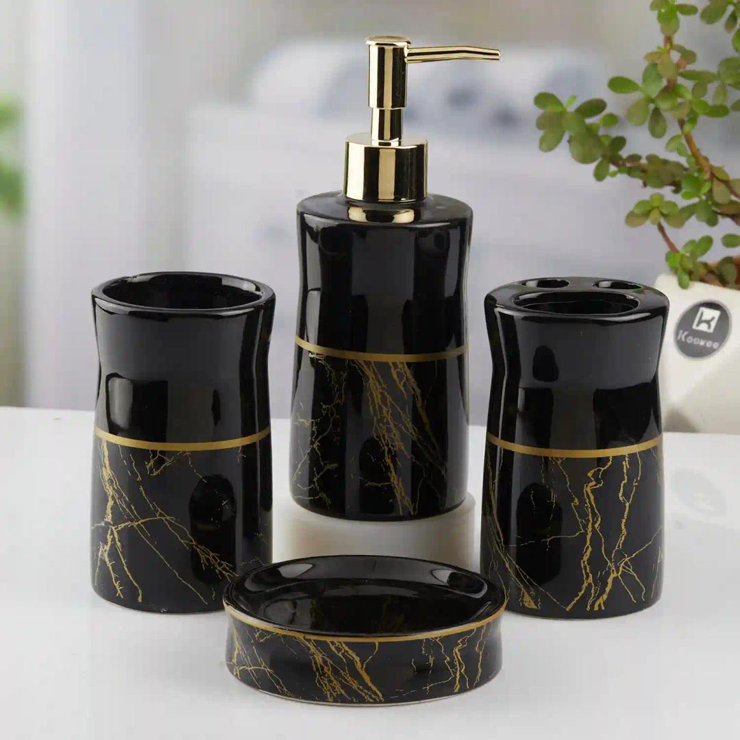 Kookee Ceramic Bathroom Accessories Set of 4, Modern Bath Set with Liquid hand wash Soap Dispenser and Toothbrush holder, Luxury Gift Accessory for Home, Black/Gold (10475)