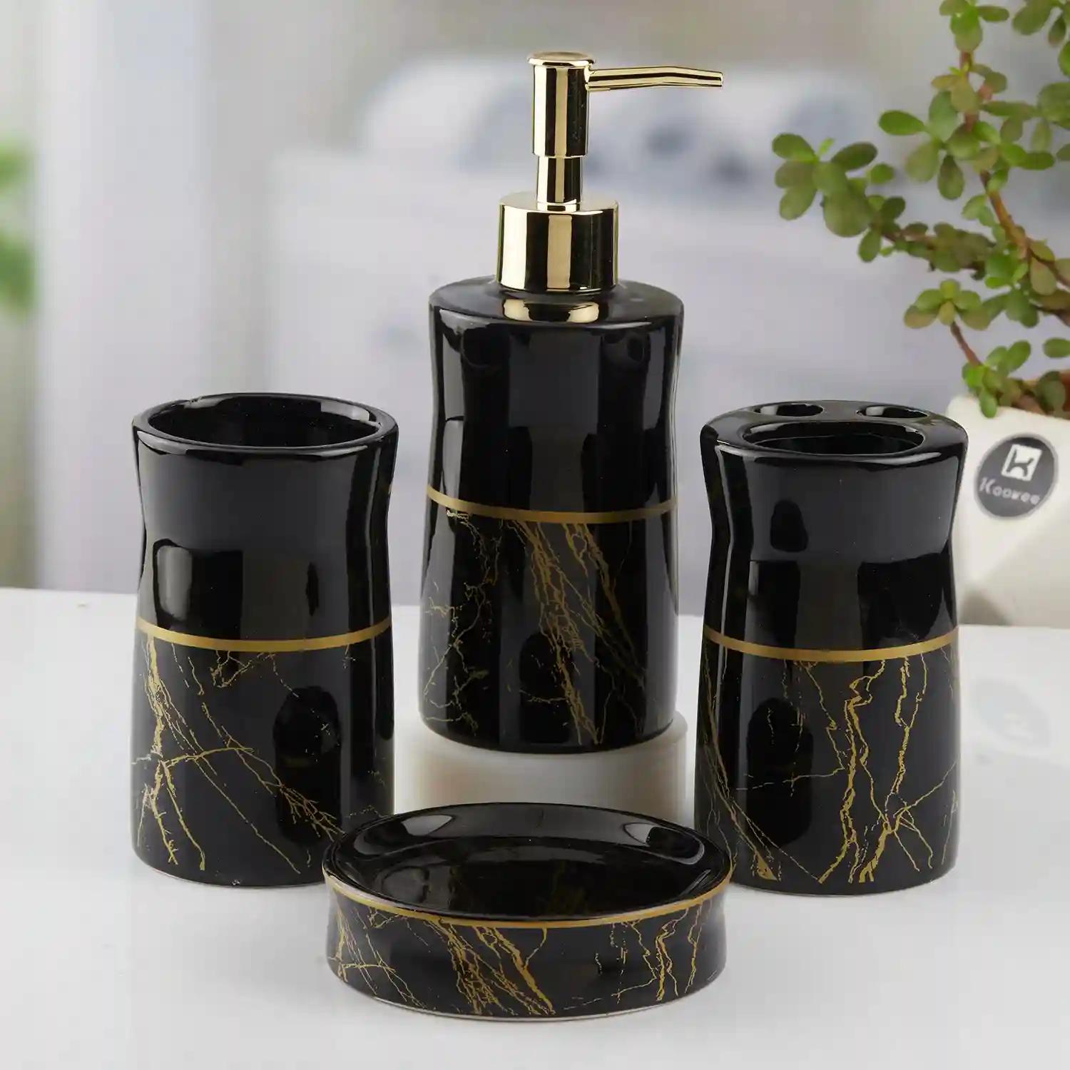 Kookee Ceramic Bathroom Accessories Set of 4, Modern Bath Set with Liquid hand wash Soap Dispenser and Toothbrush holder, Luxury Gift Accessory for Home, Black/Gold (10475)