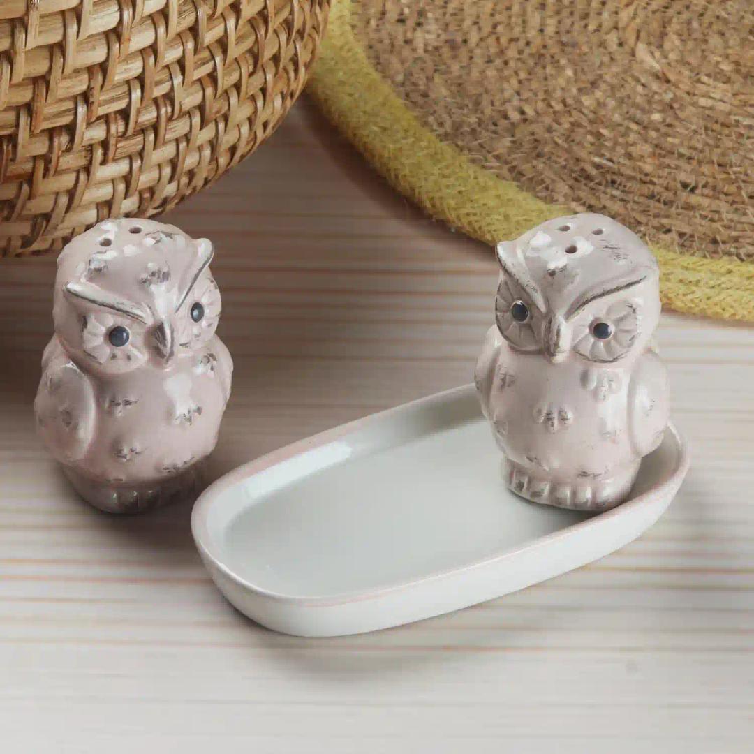 Kookee Ceramic Salt and Pepper Shakers Set with tray for Dining Table used as Namak Dhani, Shaker, Sprinkler, Spices Dispenser for Home, Kitchen and Restaurant, Owl Design, (Pack of 4) (10320)