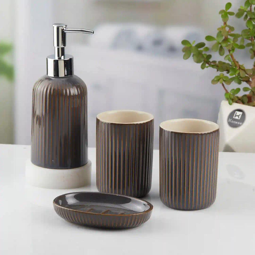 Kookee Ceramic Bathroom Accessories Set of 4, Modern Bath Set with Liquid hand wash Soap Dispenser and Toothbrush holder, Luxury Gift Accessory for Home, Grey (10464)