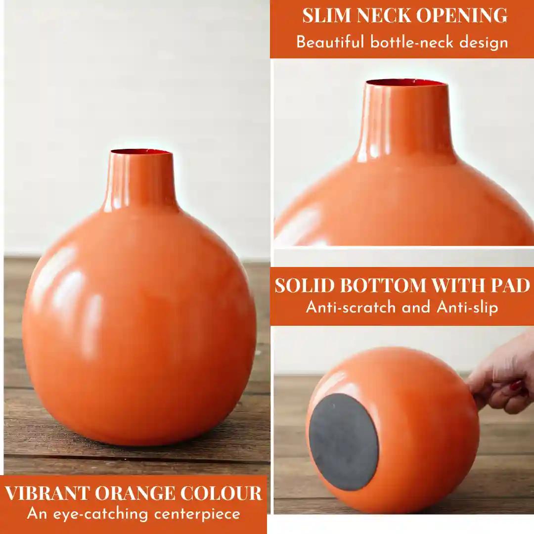 Behoma Metal Flower Vase for Home Decor| Decoration Item for Living Room Office| Table Decorative Flower Pot for Gifting (1Pcs Orange)(Flower not Included)