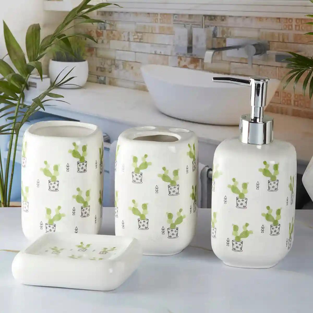 Kookee Ceramic Bathroom Accessories Set of 4, Modern Bath Set with Liquid handwash Soap Dispenser and Toothbrush holder, Luxury Gift Accessory for Home - White (9902)