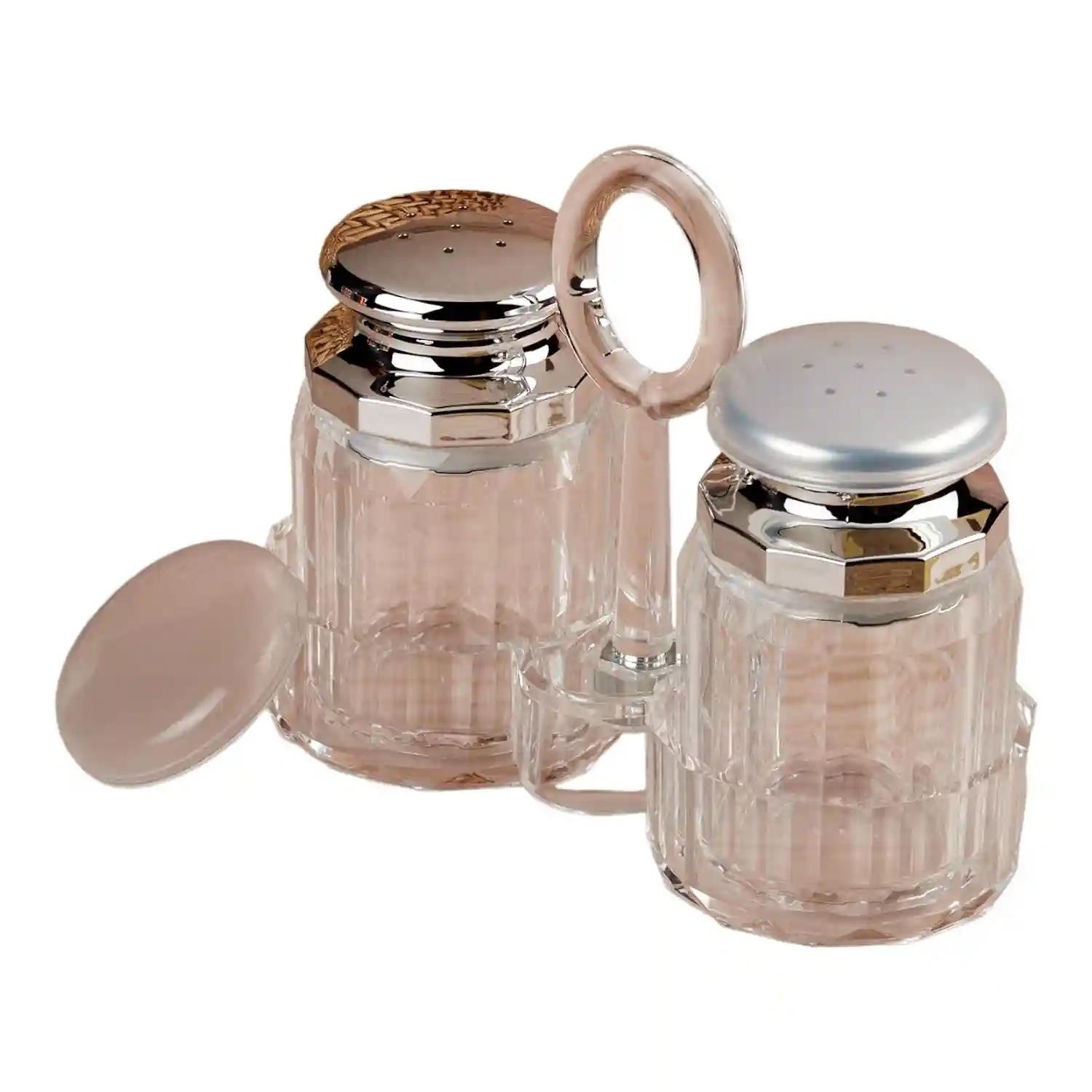 Kookee Acrylic Salt and Pepper Shakers Set with tray for Dining Table used as Namak Dhani, Shaker, Sprinkler, Spices Dispenser for Home, Kitchen and Restaurant, Transparent Silver (10707)