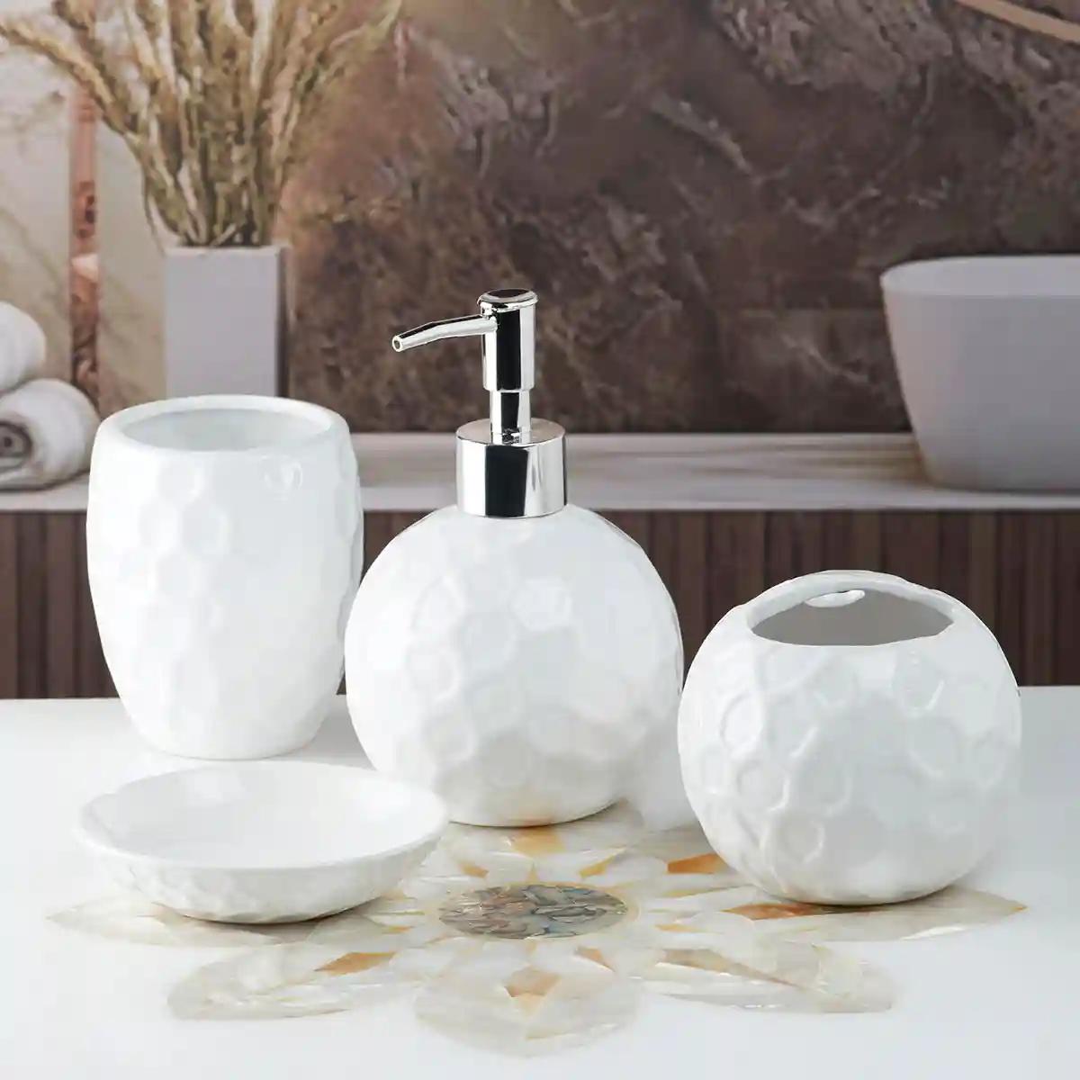 Kookee Ceramic Bathroom Accessories Set of 4, Modern Bath Set with Liquid handwash Soap Dispenser and Toothbrush holder, Luxury Gift Accessory for Home - White (10117)