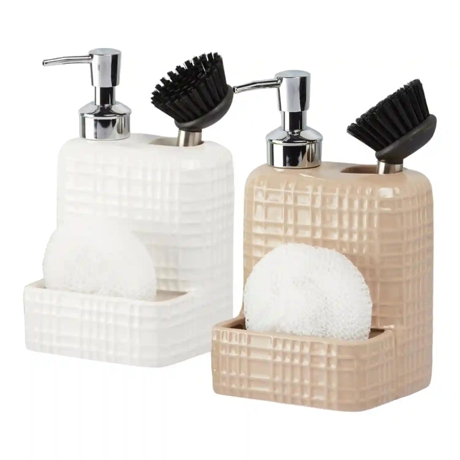 Kookee Ceramic Soap Dispenser for Bathroom hand wash, refillable pump bottle for Kitchen hand wash basin, Set of 2, White/Beige (11022)