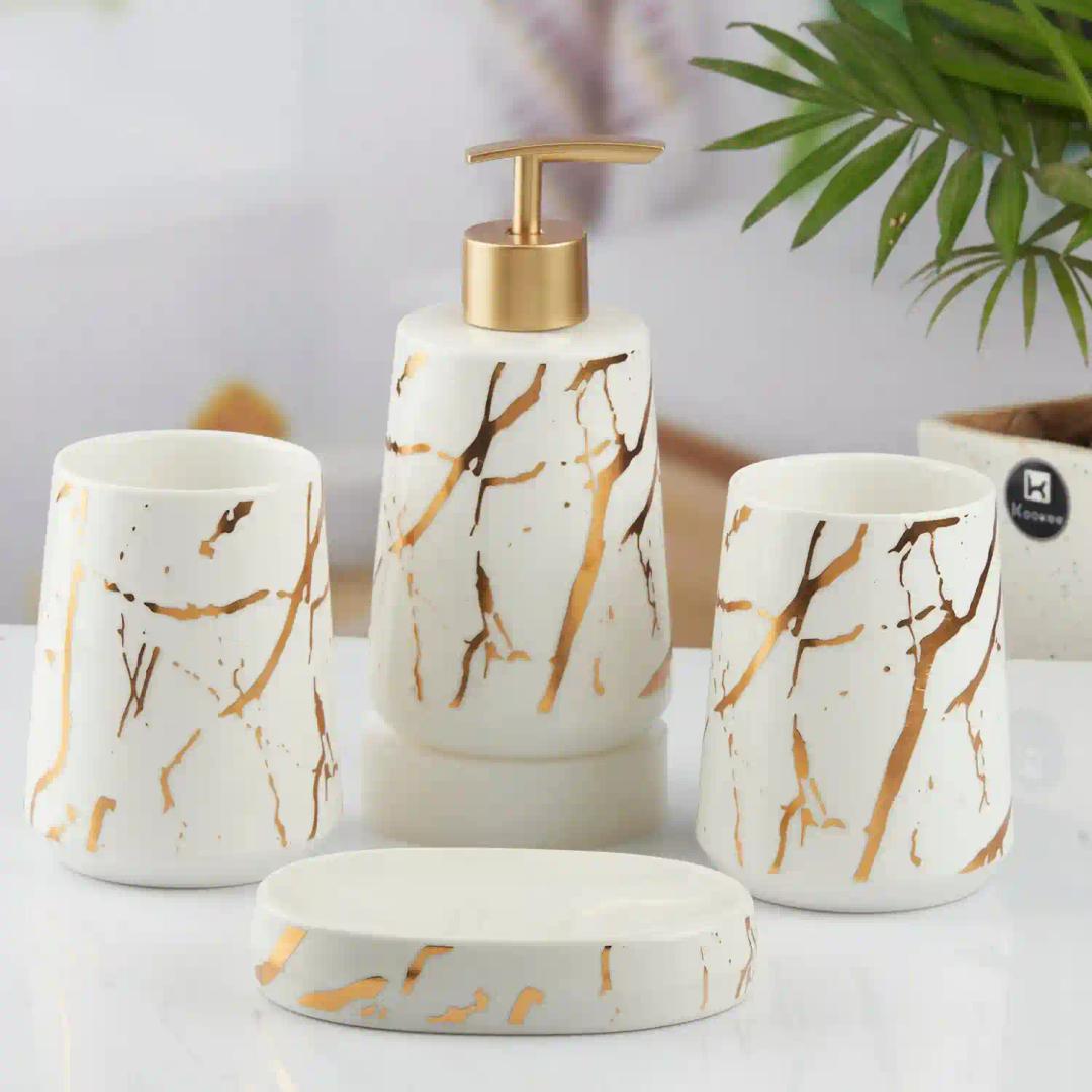 Kookee Ceramic Bathroom Accessories Set of 4, Modern Bath Set with Liquid hand wash Soap Dispenser and Toothbrush holder, Luxury Gift Accessory for Home, White/Gold (10456)