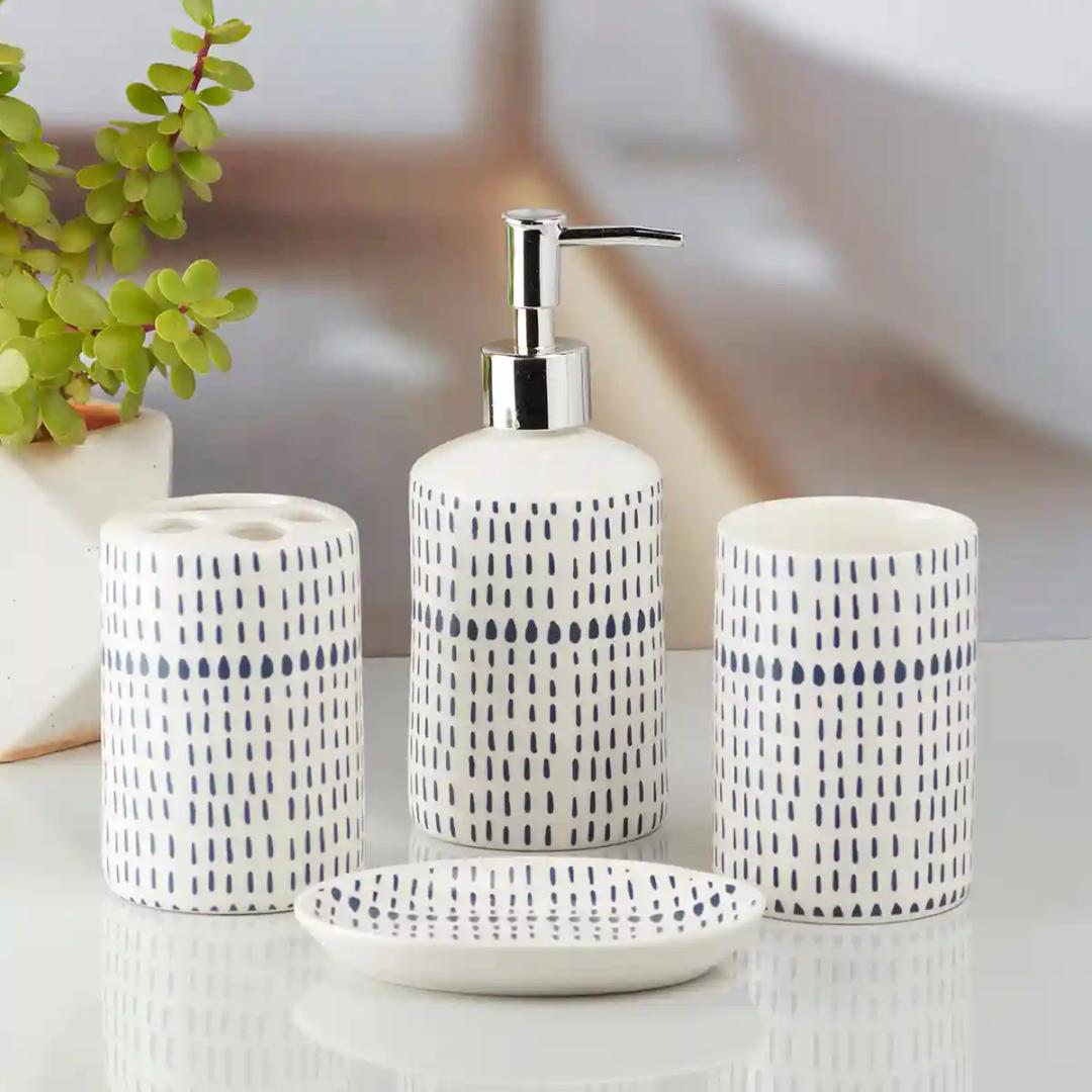 Kookee Ceramic Bathroom Accessories Set of 4, Modern Bath Set with Liquid handwash Soap Dispenser and Toothbrush holder, Luxury Gift Accessory for Home - White (10179)