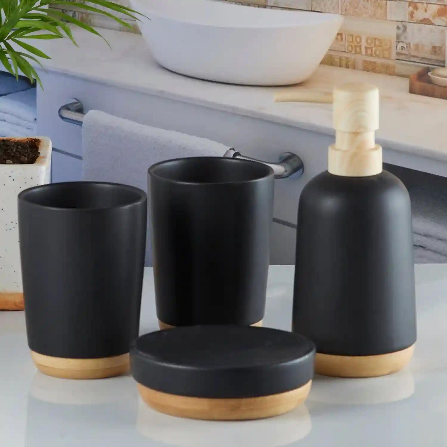 Kookee Ceramic Bathroom Accessories Set of 4, Modern Bath Set with Liquid handwash Soap Dispenser and Toothbrush holder, Luxury Gift Accessory for Home - Black (9619)