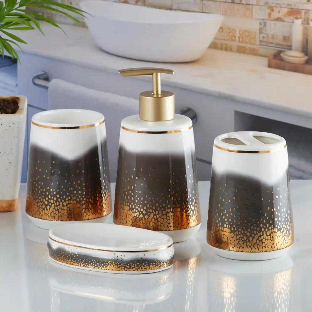 Kookee Ceramic Bathroom Accessories Set of 4, Modern Bath Set with Liquid handwash Soap Dispenser and Toothbrush holder, Luxury Gift Accessory for Home - Multicolor (10177)