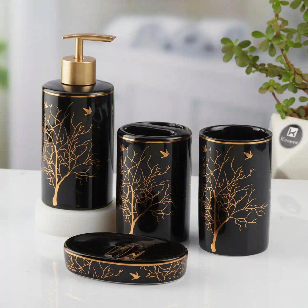 Kookee Ceramic Bathroom Accessories Set of 4, Modern Bath Set with Liquid hand wash Soap Dispenser and Toothbrush holder, Luxury Gift Accessory for Home, Black/Gold (10473)