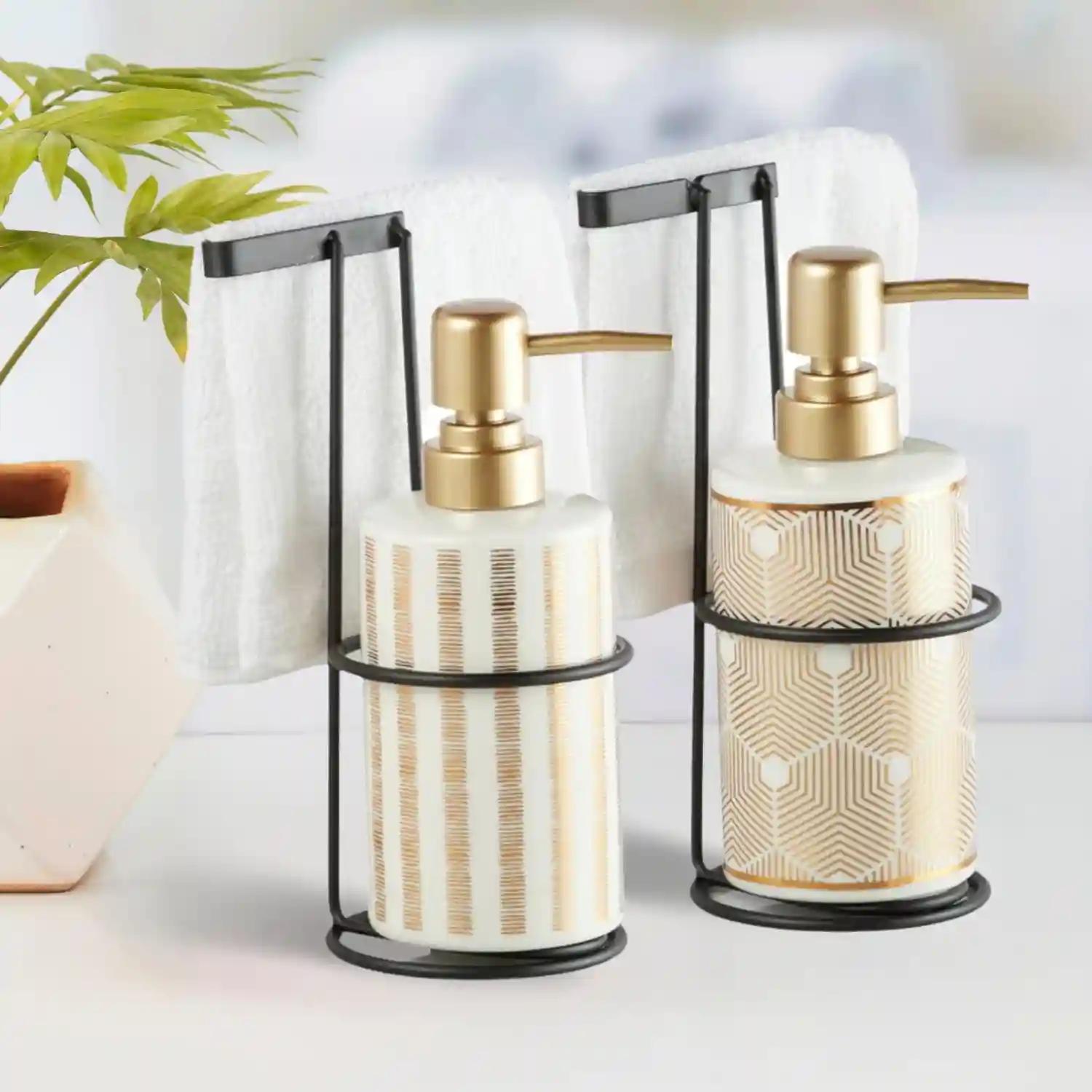 Kookee Ceramic Soap Dispenser for Bathroom hand wash, refillable pump bottle for Kitchen hand wash basin, Set of 2, White/Gold (11032)