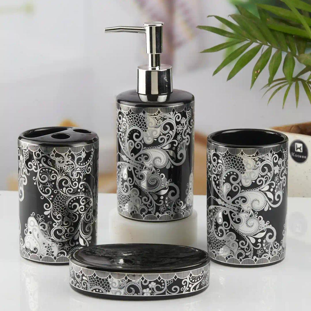 Kookee Ceramic Bathroom Accessories Set of 4, Modern Bath Set with Liquid hand wash Soap Dispenser and Toothbrush holder, Luxury Gift Accessory for Home, Black/Silver (10461)