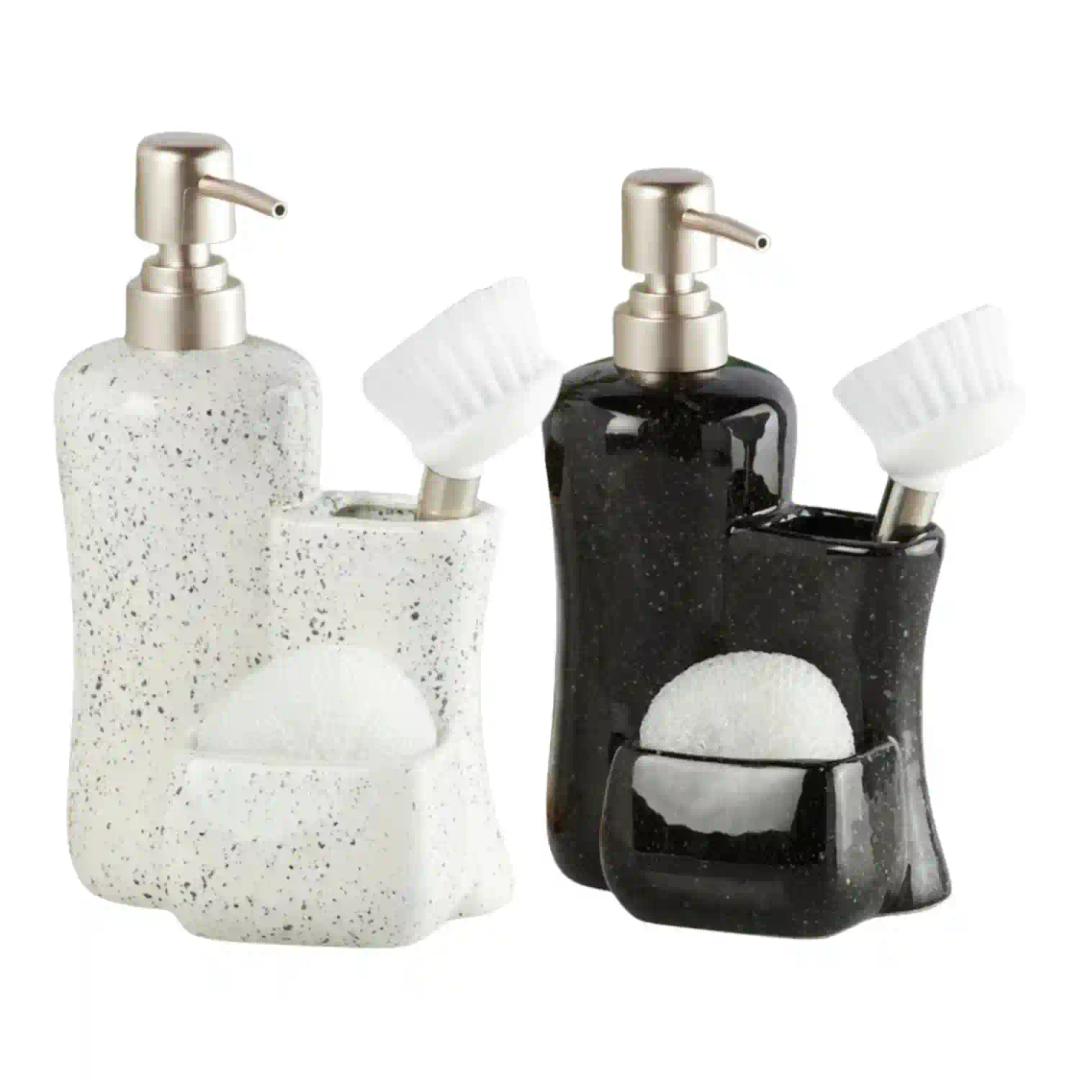 Kookee Ceramic Soap Dispenser for Bathroom hand wash, refillable pump bottle for Kitchen hand wash basin, Set of 2, White/Black (10820)