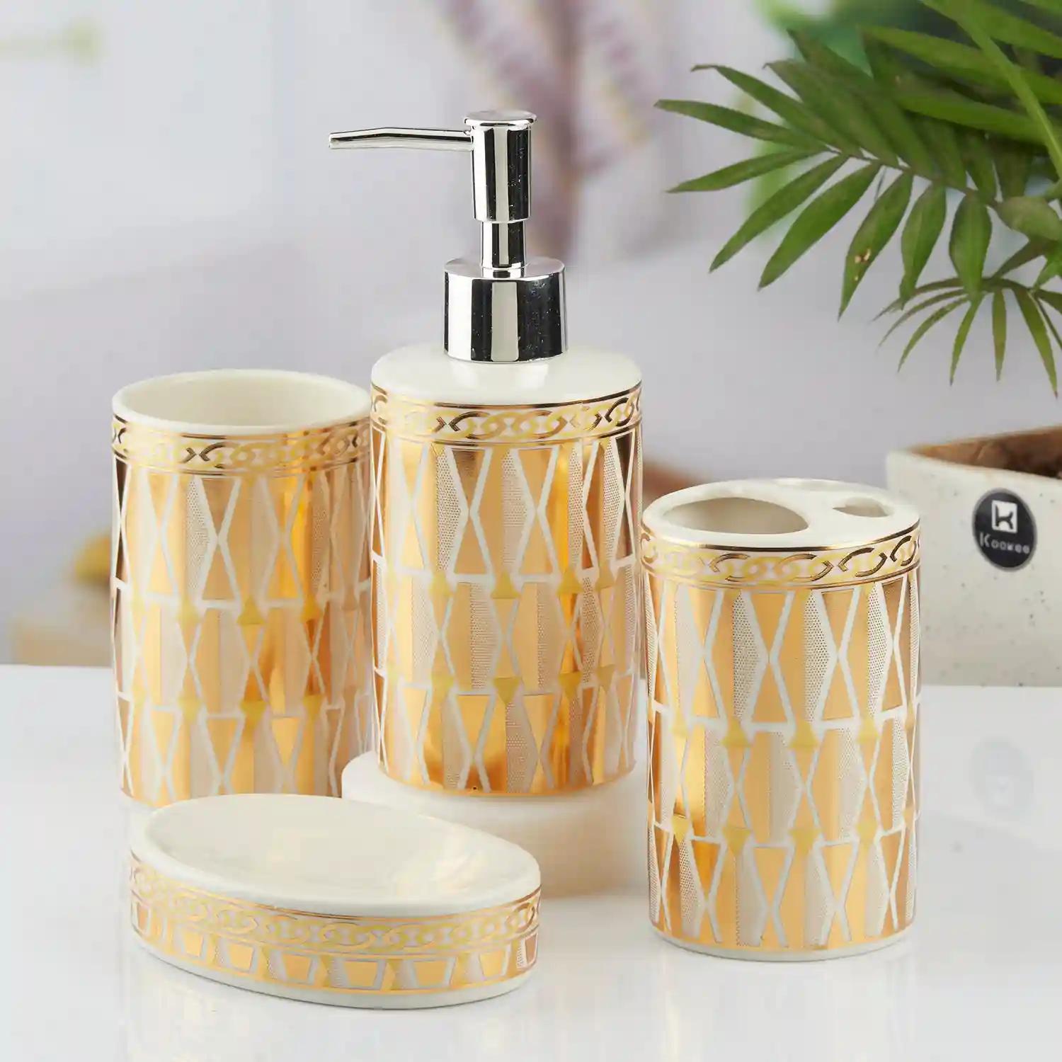 Kookee Ceramic Bathroom Accessories Set of 4, Modern Bath Set with Liquid hand wash Soap Dispenser and Toothbrush holder, Luxury Gift Accessory for Home, Gold (10394)