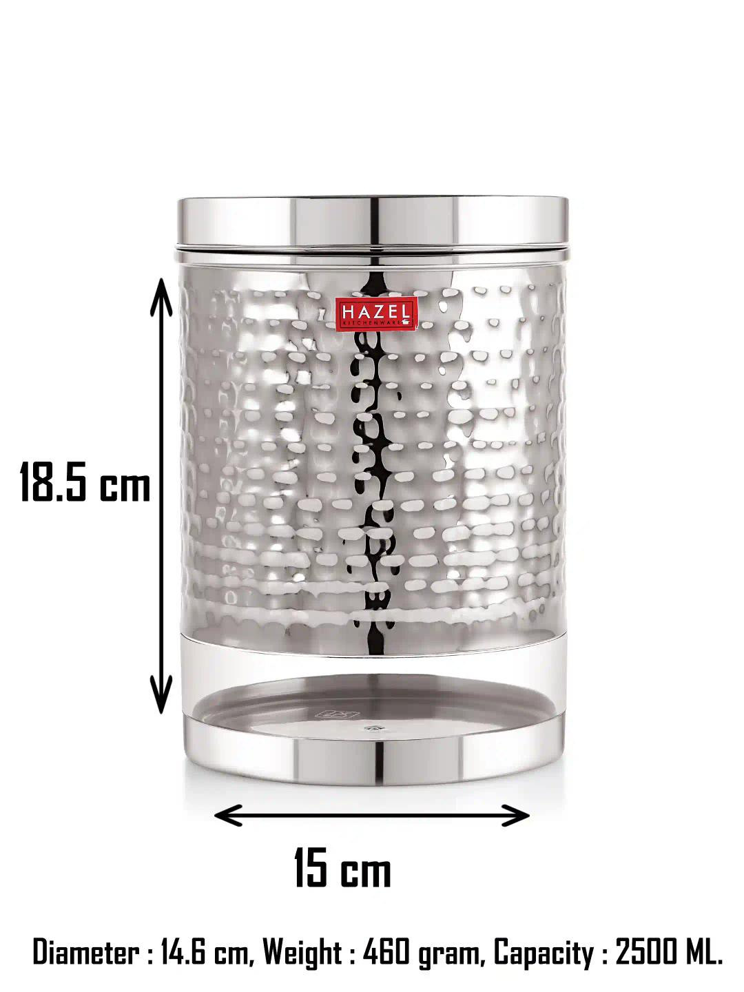 HAZEL Stainless Steel Container For Kitchen Storage Hammered Finish Transparent See Through Glossy Storage Jar Dabba, Set of 1, 2500 ML, Silver