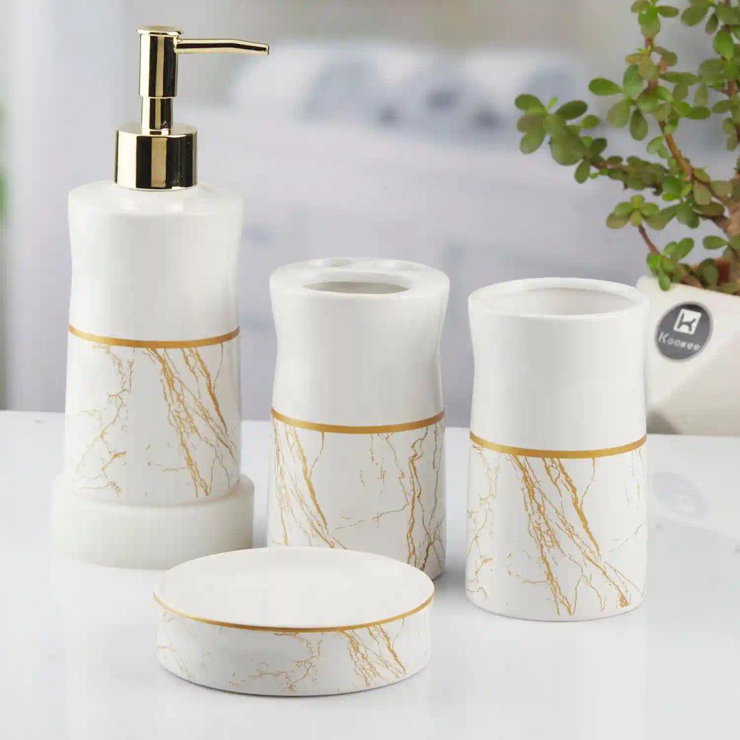 Kookee Ceramic Bathroom Accessories Set of 4, Modern Bath Set with Liquid hand wash Soap Dispenser and Toothbrush holder, Luxury Gift Accessory for Home, White/Gold (10476)