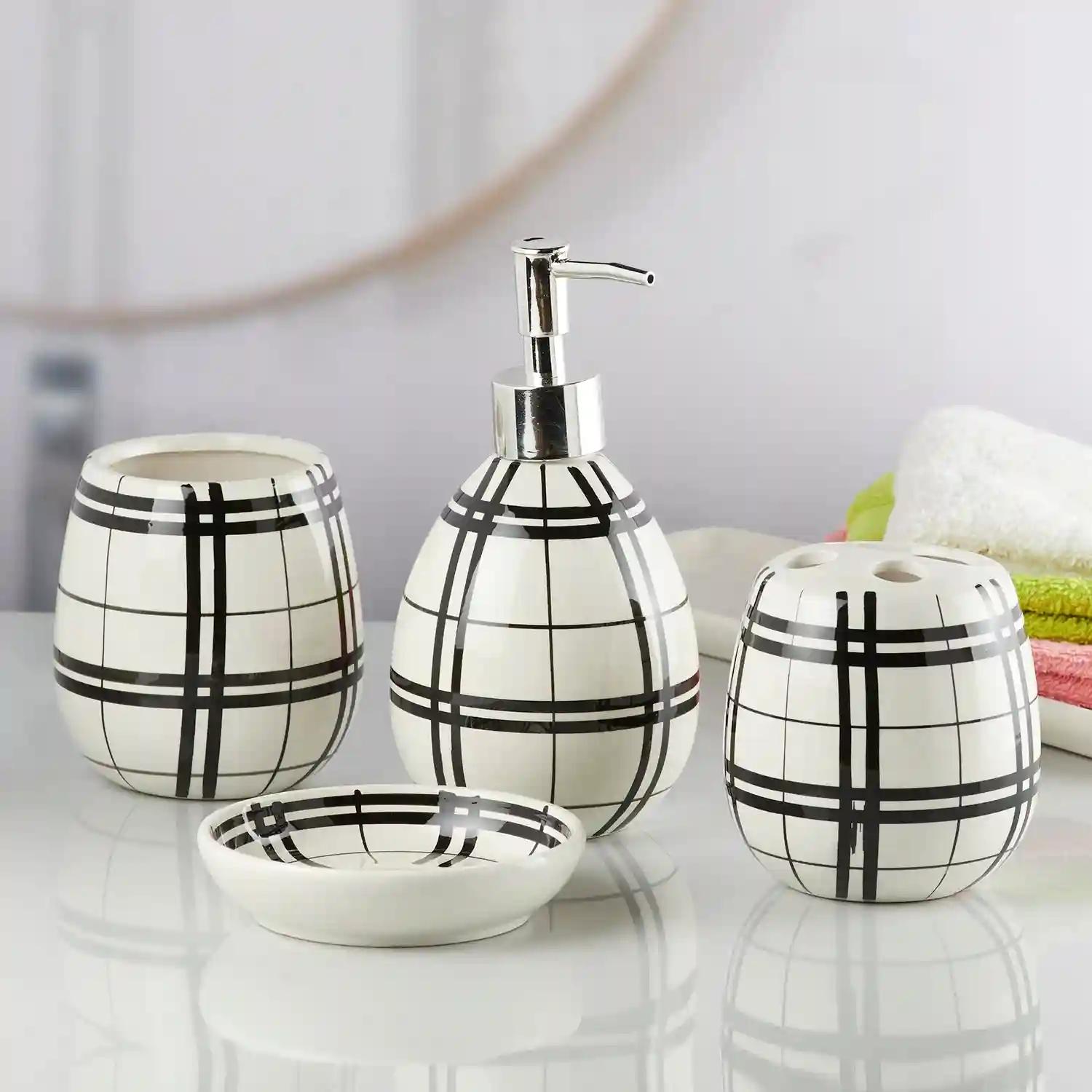 Kookee Ceramic Bathroom Accessories Set of 4, Modern Bath Set with Liquid handwash Soap Dispenser and Toothbrush holder, Luxury Gift Accessory for Home - White & Black (10156)