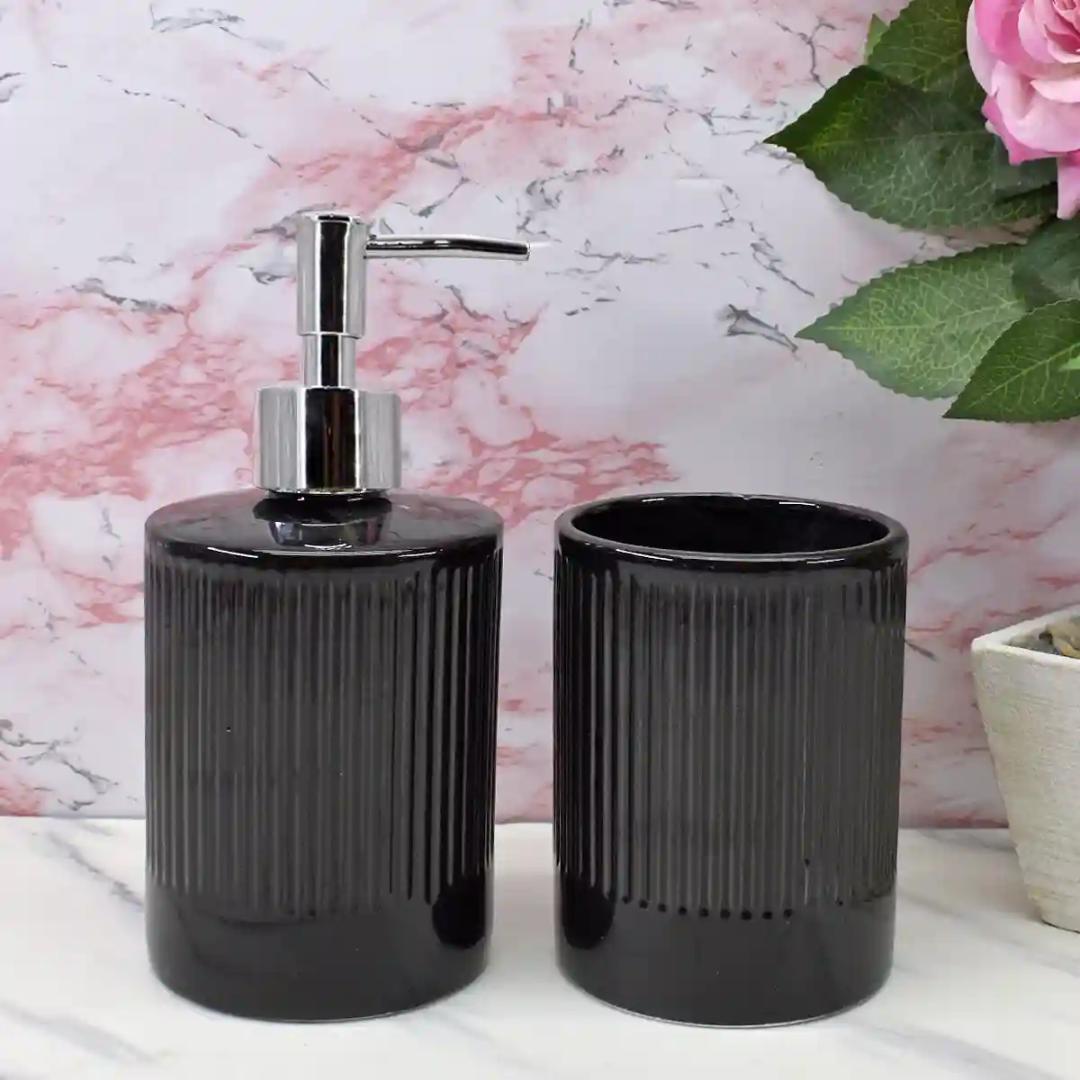 Kookee Ceramic Bathroom Accessories Set of 2, Modern Bath Set with Liquid handwash Soap Dispenser and Toothbrush holder, Luxury Gift Accessory for Home - Black (9718)