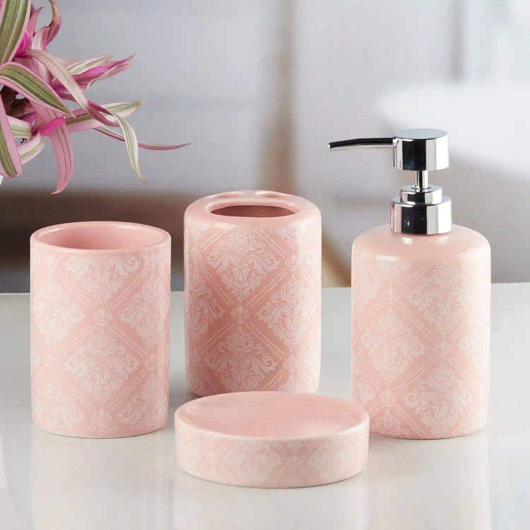 Kookee Ceramic Bathroom Accessories Set of 4, Modern Bath Set with Liquid handwash Soap Dispenser and Toothbrush holder, Luxury Gift Accessory for Home - Pink (8217)