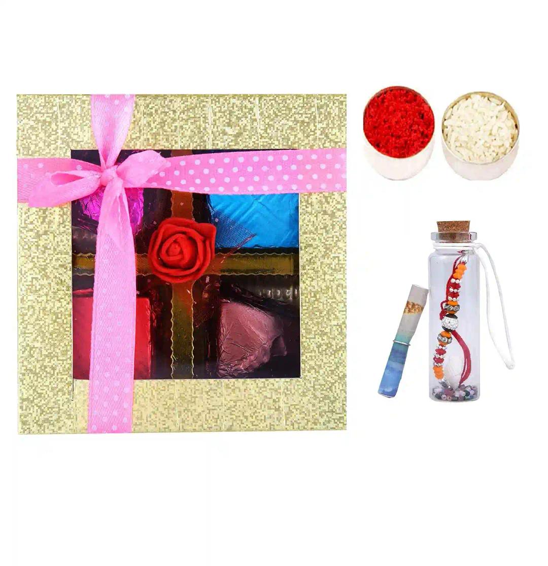 MANTOUSS Rakhi For Brother With Gift/Rakhi For Brother Combo-Rakhi In A Message Bottle+Handcrafted Chocolates+Roli+Chawal