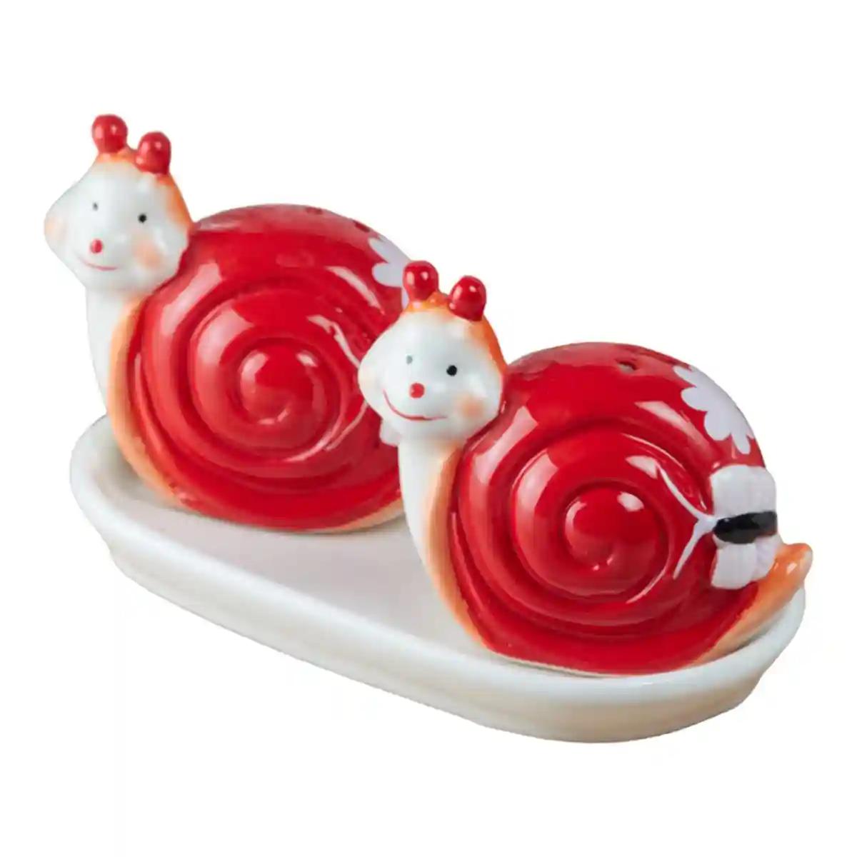 Kookee Ceramic Salt and Pepper Shakers Set with tray for Dining Table used as Namak Dhani, Shaker, Sprinkler, Spices Dispenser for Home, Kitchen and Restaurant, Snail Design, Red White (8570)