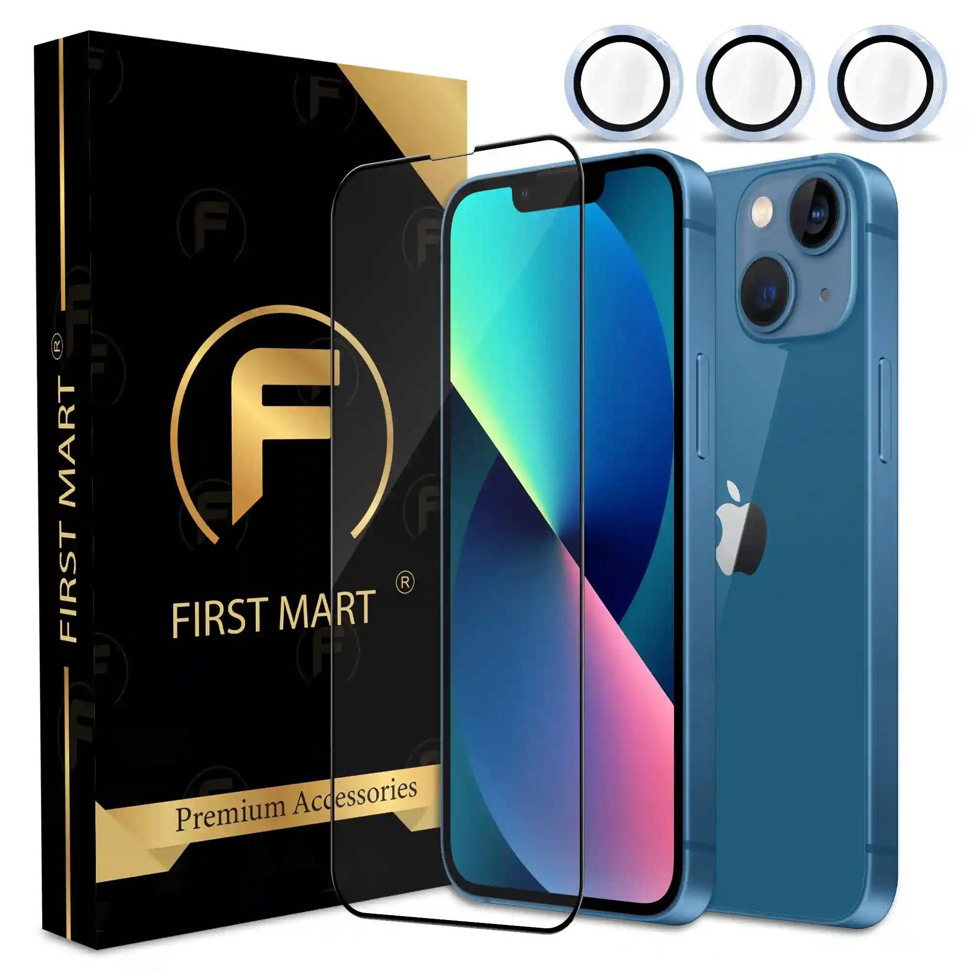 FIRST MART for iPhone 13 Mini Tempered Glass and 1 Set of Individual Seria Blue Camera Rings Protectors, 2.5D Curved Edges, Full-Coverage Military-Grade Protection, Scratch Resistant