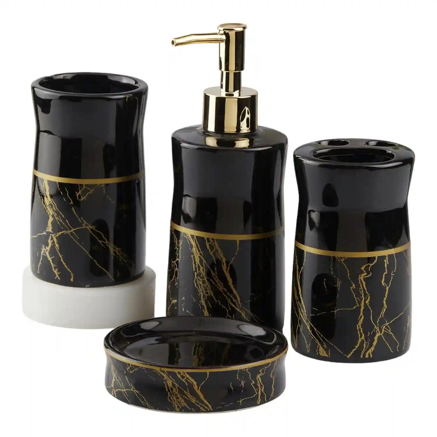 Kookee Ceramic Bathroom Accessories Set of 4, Modern Bath Set with Liquid hand wash Soap Dispenser and Toothbrush holder, Luxury Gift Accessory for Home, Black/Gold (10475)