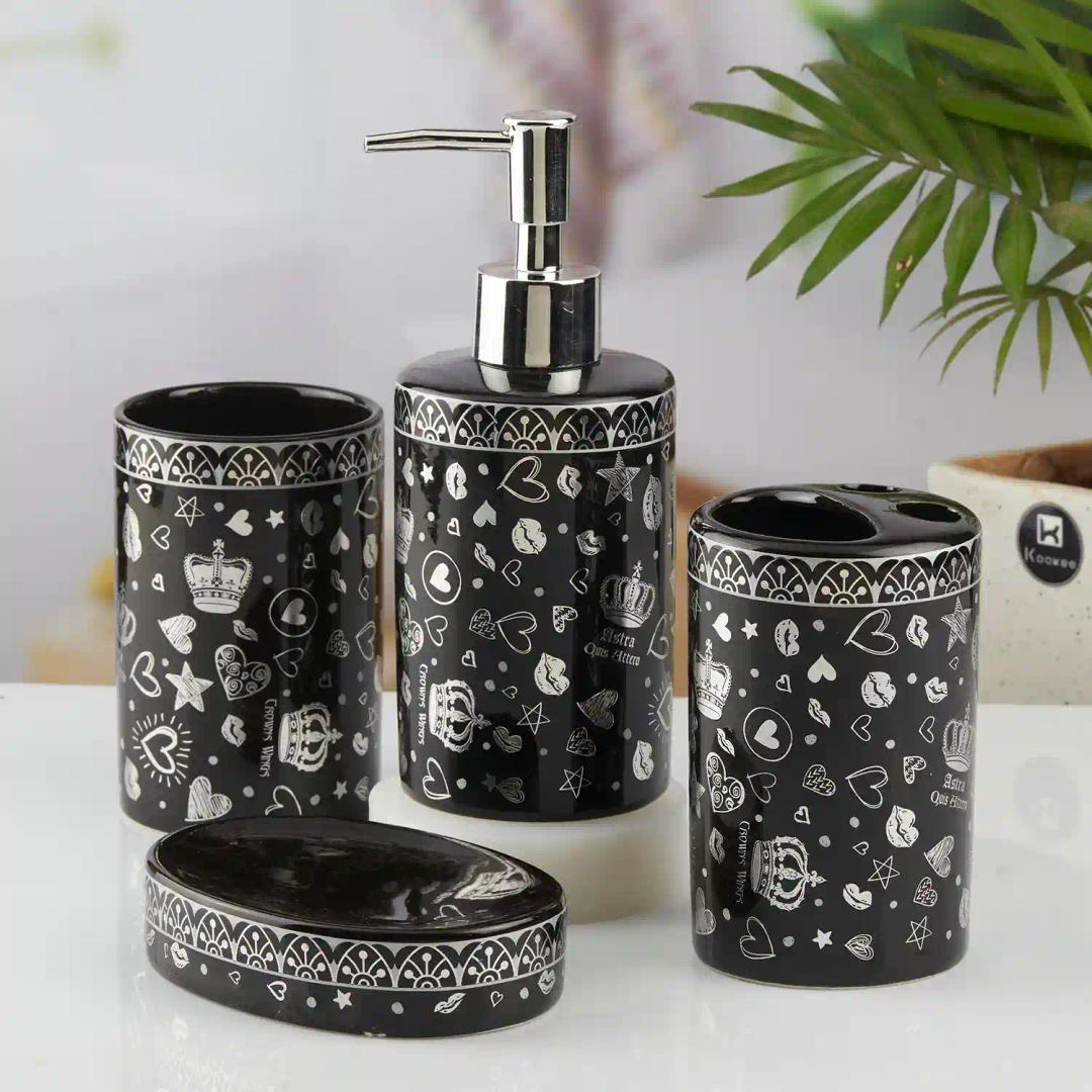 Kookee Ceramic Bathroom Accessories Set of 4, Modern Bath Set with Liquid hand wash Soap Dispenser and Toothbrush holder, Luxury Gift Accessory for Home, Black/Silver (10463)