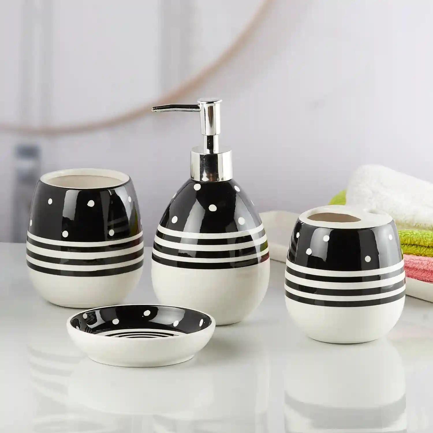 Kookee Ceramic Bathroom Accessories Set of 4, Modern Bath Set with Liquid handwash Soap Dispenser and Toothbrush holder, Luxury Gift Accessory for Home - White & Black (10158)