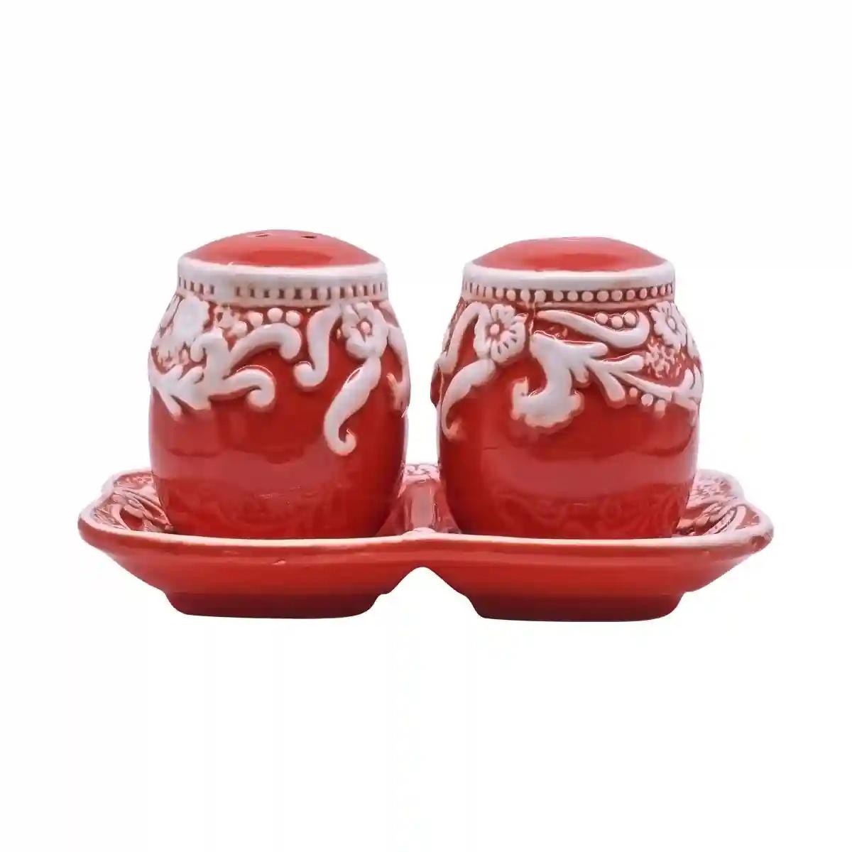 Kookee Ceramic Salt and Pepper Shakers Set with tray for Dining Table used as Namak Dhani, Shaker, Sprinkler, Spices Dispenser for Home, Kitchen and Restaurant, Floral Design, Red White (8565)